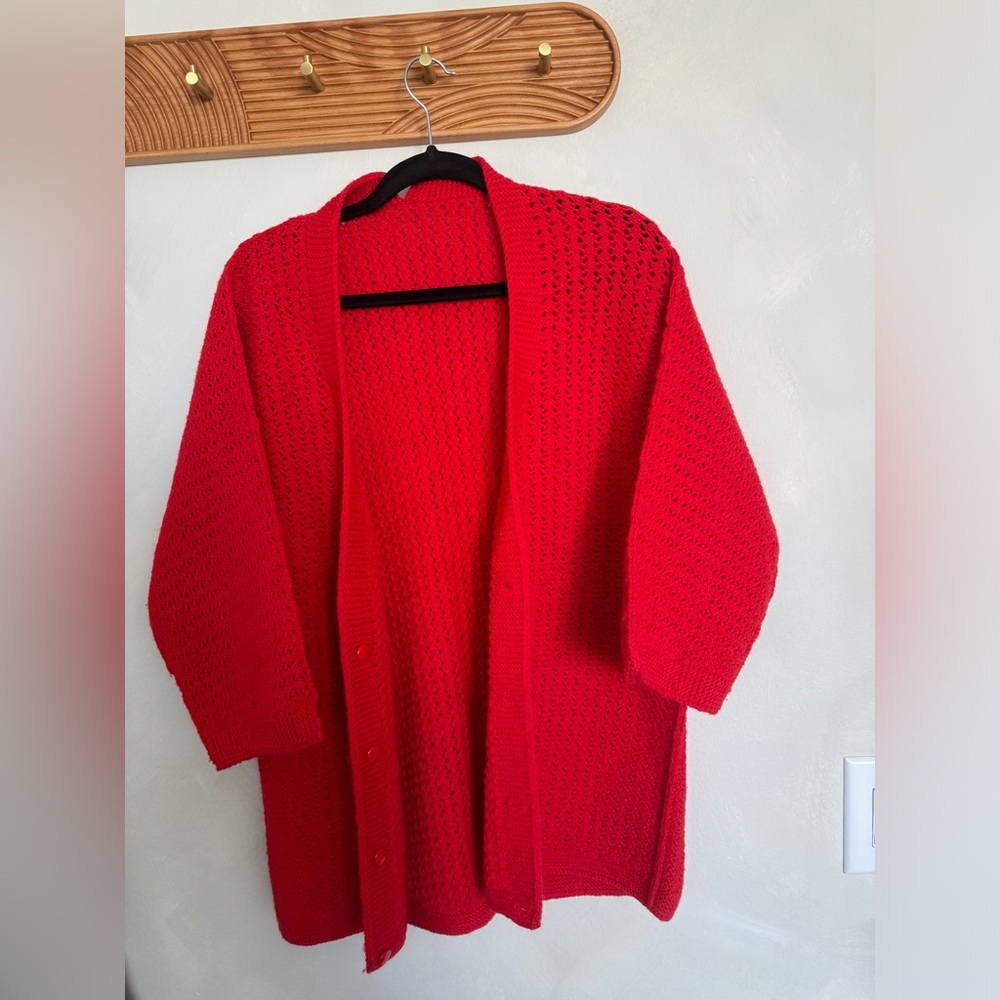 red knit cardigan
